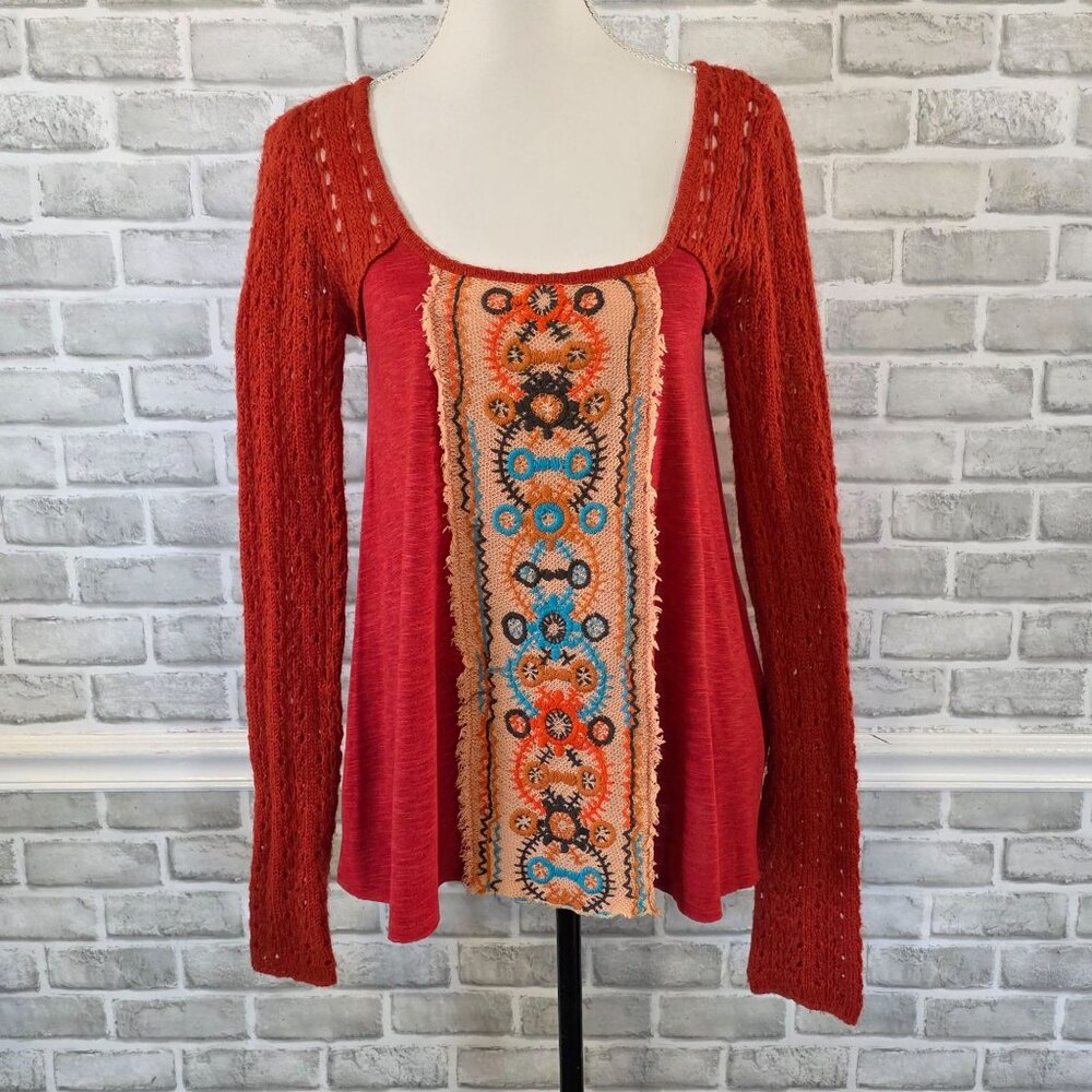 Free People Cotton Mohair Blend Boho Tunic Sweater Top Red Oversized XS LS